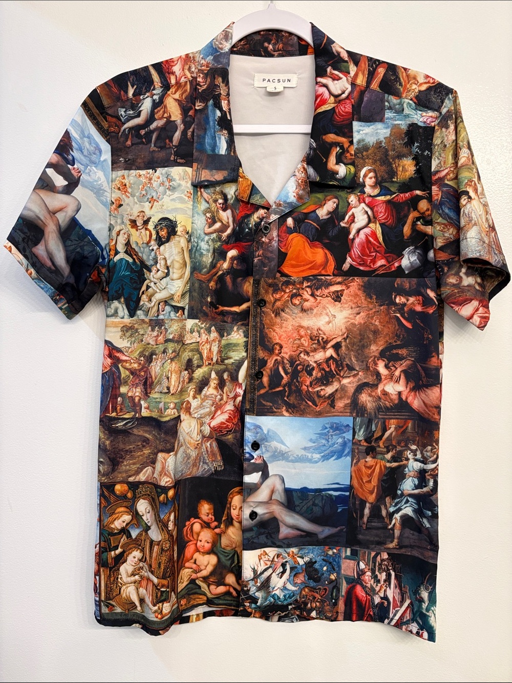 PacSun Short-Sleeve Collage Print Button-Up Shirt — Multicolor Art Panels